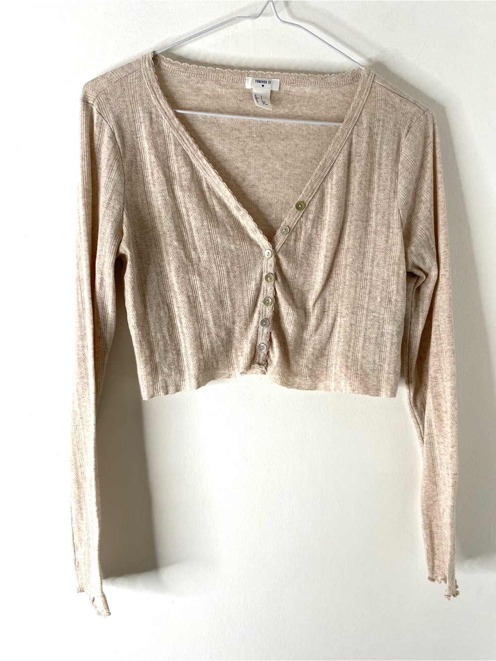 Forever 21 Beige Pointelle Cropped Cardigan V Neck Button Front Ribbed Knit Top